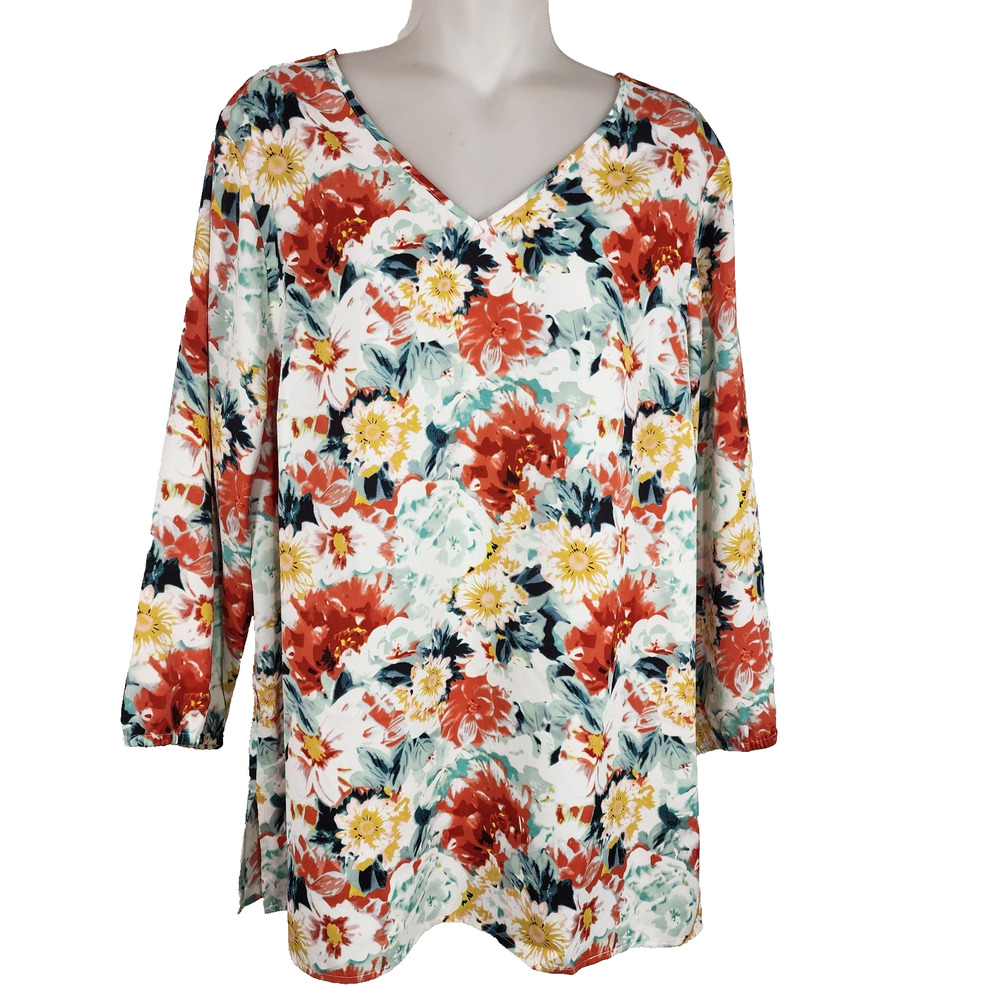 Mario Serrani Women Tunic Top Blouse Large V Neck Green Floral 3/4 Sleeve Light